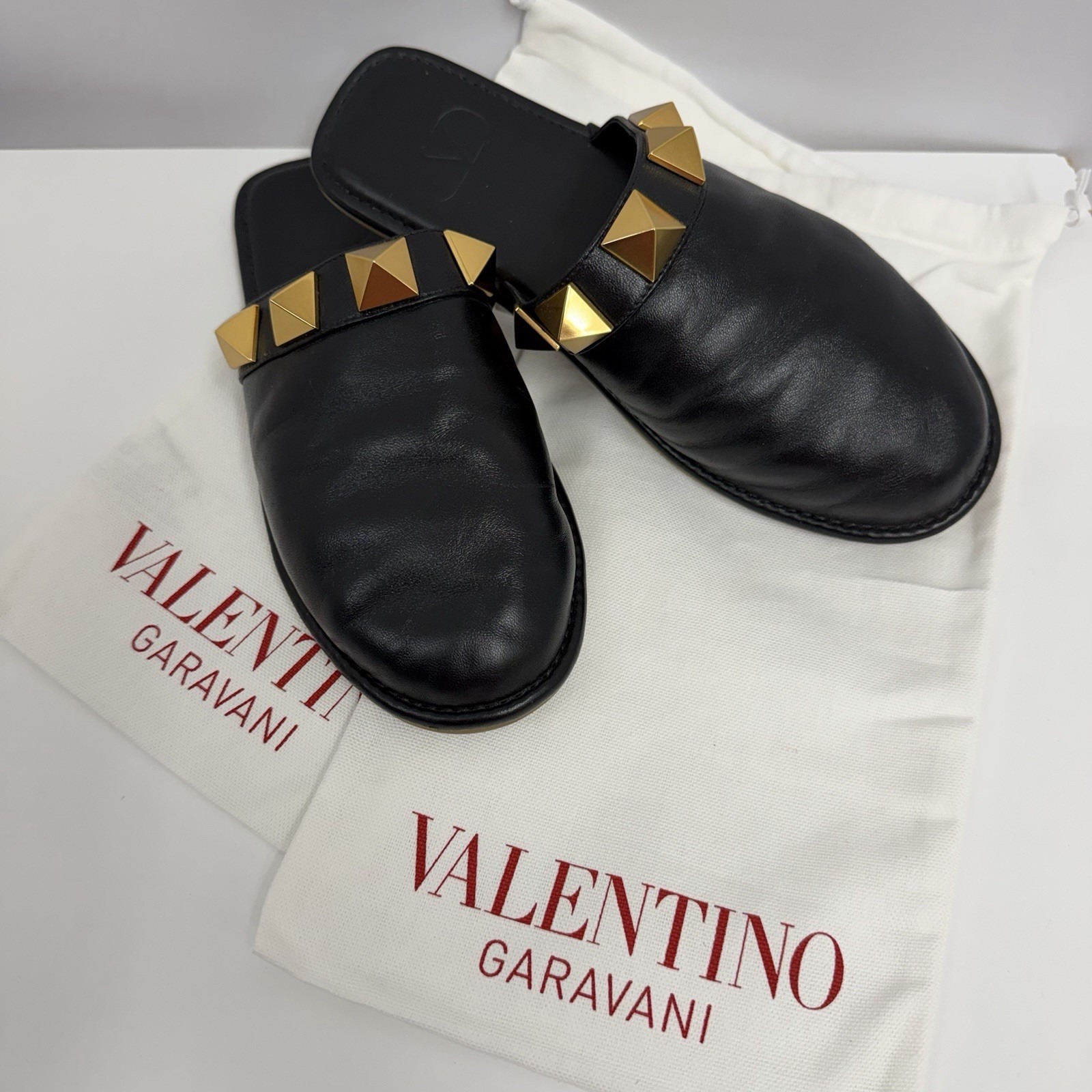 Valentino Garavani Leather Flat Roman Stud Slipper Shoes Black 37 1/2 Fits 7.5 8